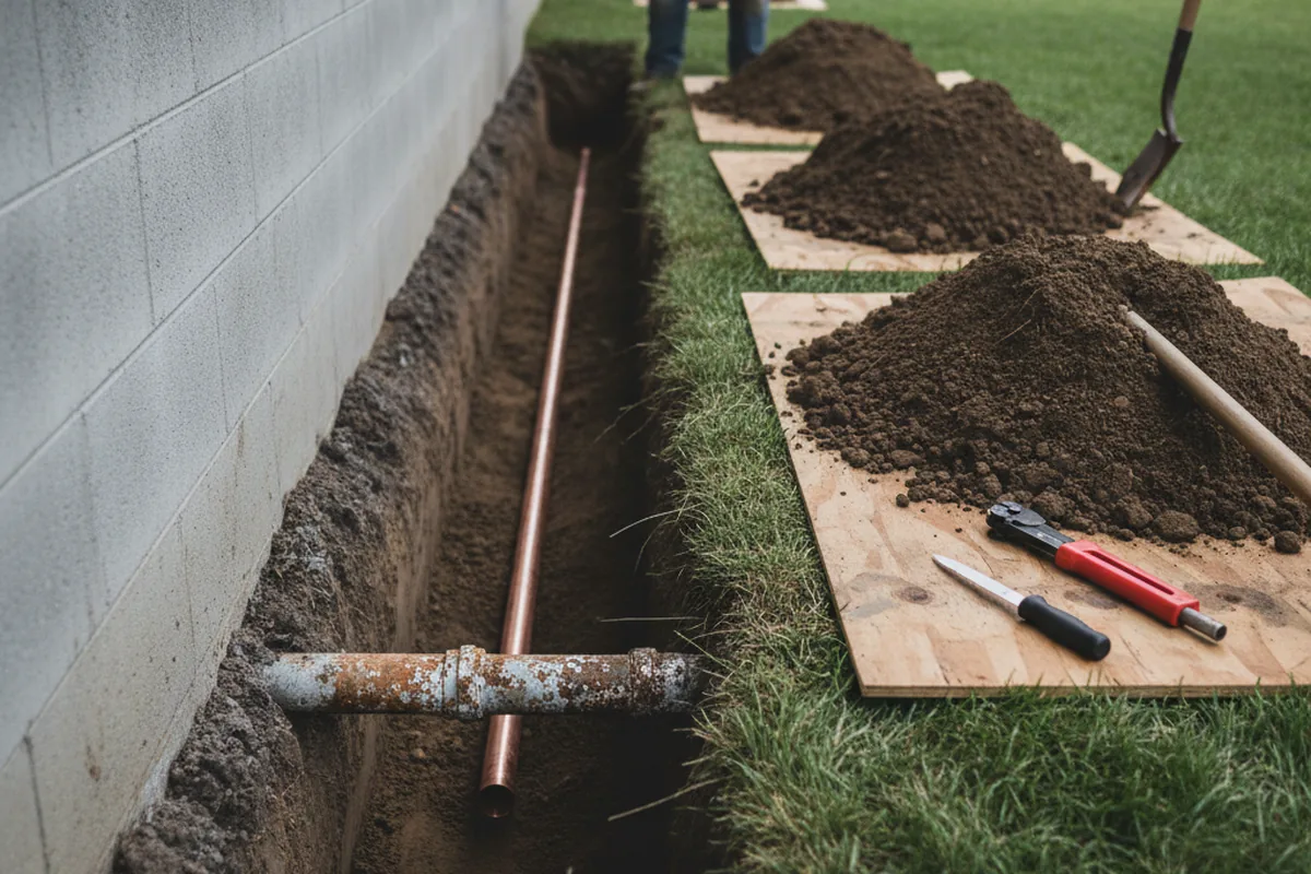 Excavated water line trench during Water Heater Repair in Amberson